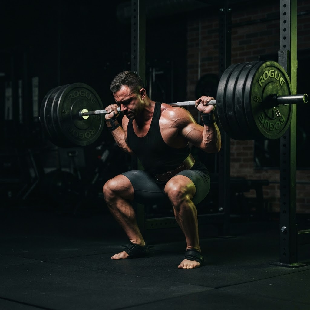 Loaded barbell resting on a rack in a dark gym